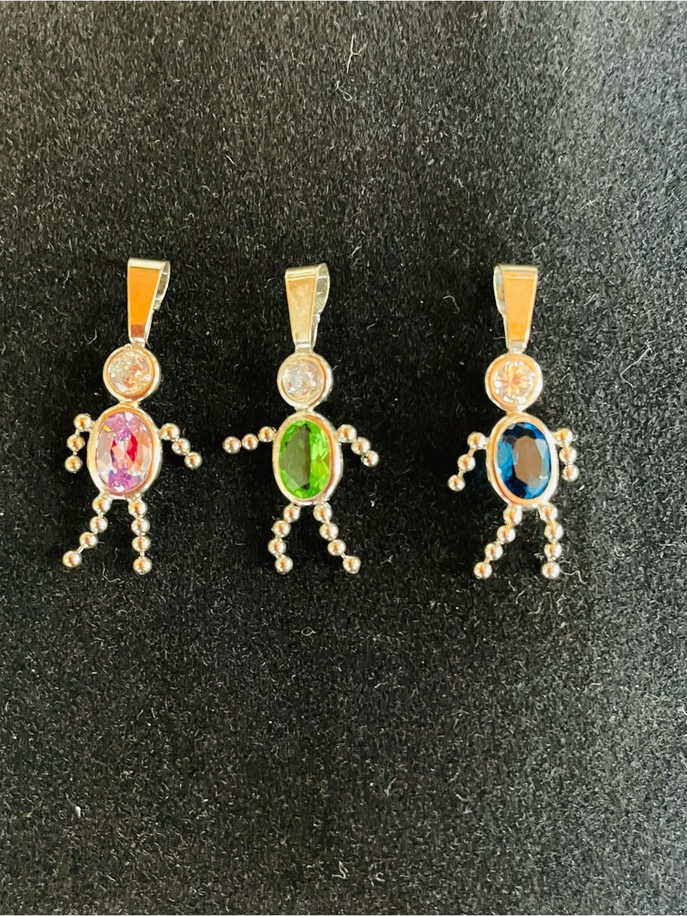 3 Set Bundle. 14K White Gold Gemstone Doll Pendants Pink, Green, and Blue.